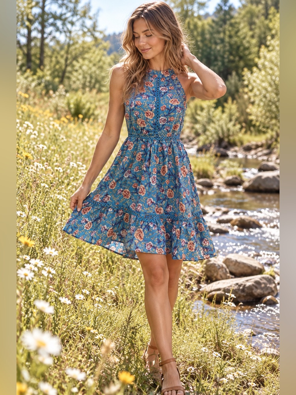 Boutique Boho Summer Sunday Mi Amor Blue Floral Open Back Dress XS Cottagecore